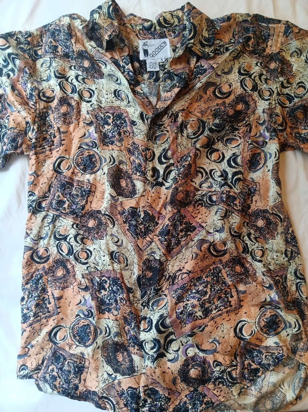 100% Silk Button Up Shirt Vintage Abstract Baroque Print Mens Grunge Retro